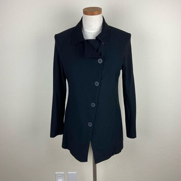 Eileen Fisher Asymmetric Knit Stretch Button-Up Jacket - Black - Picture 1 of 6